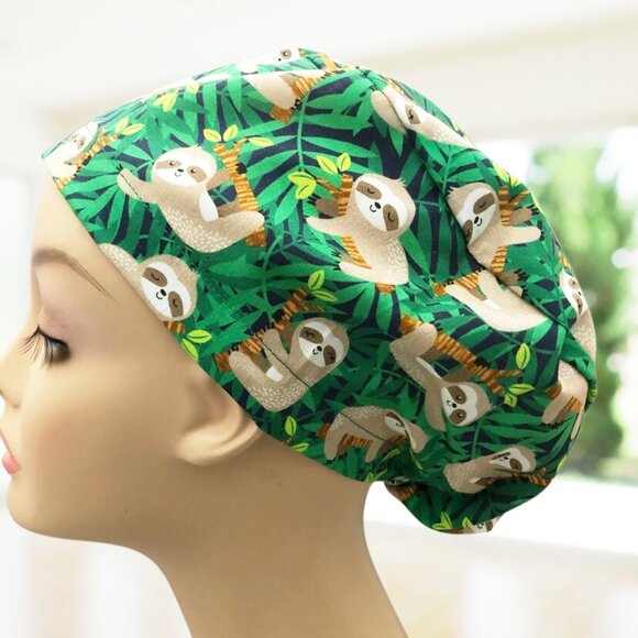 PREMIUM Sleepy Sloths ~Euro Scrub Cap~ Unisex Nurse Cap, CNA, MD, PA, NP, Tech. - Picture 1 of 4